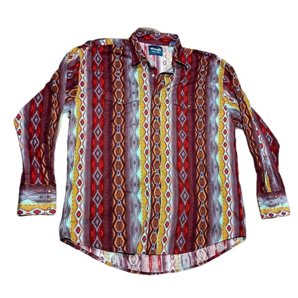 Vintage Wrangler Western Shirt Mens XL Aztec Southwestern Pearl Snap Brushpopper - Picture 1 of 15